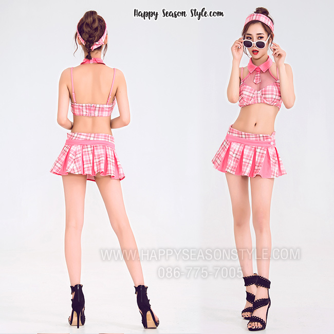 ชุดพีอาร์ พริตตี้ ทูพีช กระโปรงจีบรอบตัว แนววินเทจ เกาหลี สีชมพูลายสก๊อต พร้อมผ้าโพกหัว