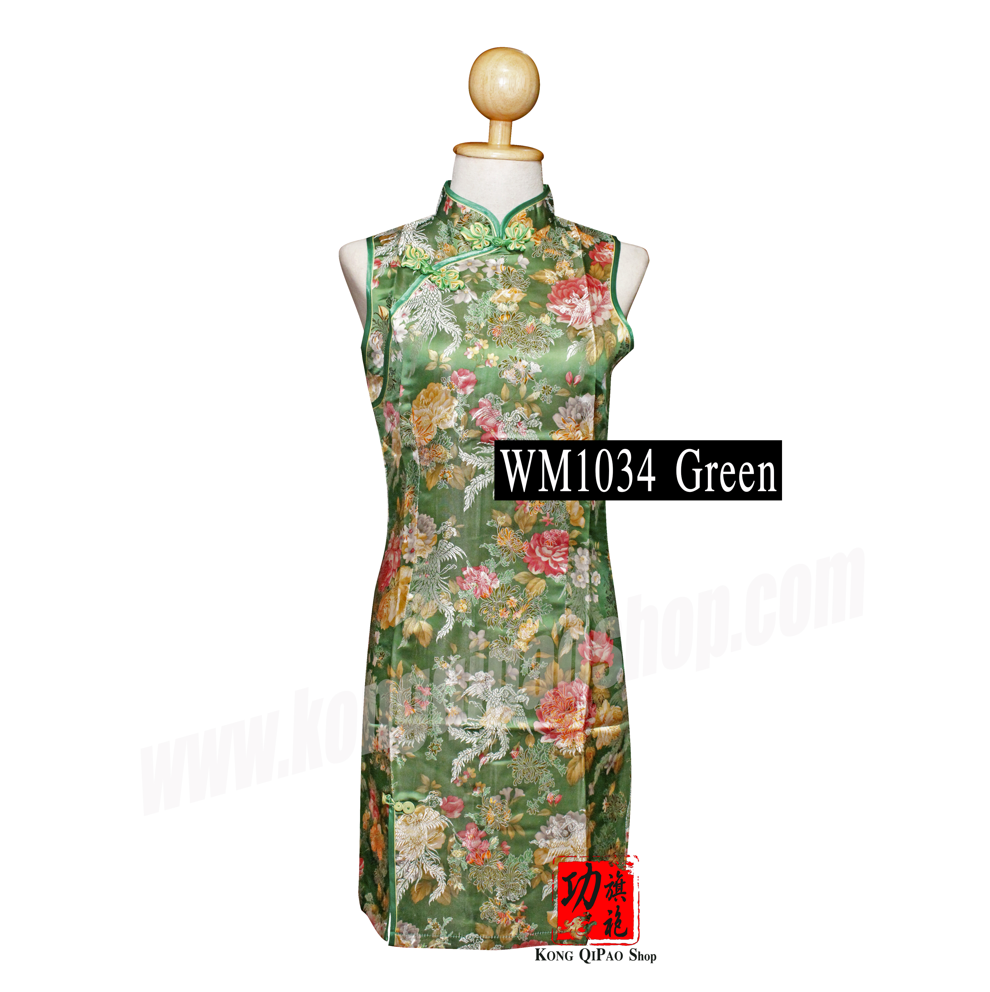 WM1034 กี่เพ้าสั้นผู้หญิง แขนกุด ลายหงส์และดอกโบตั๋น