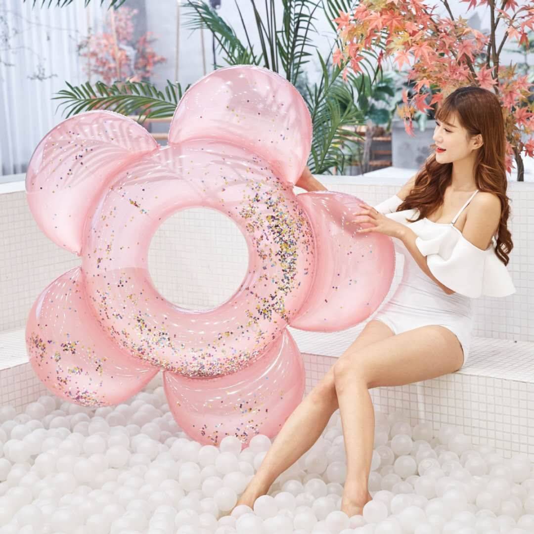 ห่วงยางดอกไม้ กลิตเตอร์ สีชมพู Inflatable Pink Glitter Flower Pool Float