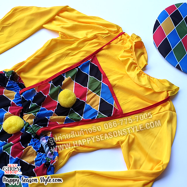 ชุดตัวตลก โบโซ่ เสื้อเหลือง กระโปรงลาย พร้อมหมวก