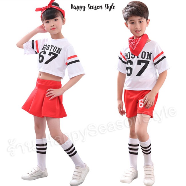 ชุดเชียร์ ชุดเชียร์ลีดเดอร์ ชุดเชียร์สีแดง ชุดเชียร์เด็ก Roston กระโปรงแดง พร้อม ถุงเท้า ผ้าคาดผม