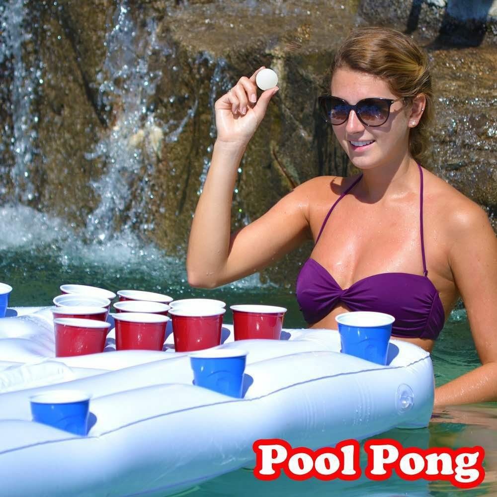 แพเป่าลมสำหรับเล่นเบียร์ปองลอยน้ำ พร้อมถังใส่น้ำแข็งตรงกลาง Inflatable Beerpong Pool Float With Ice Bucket Cooler