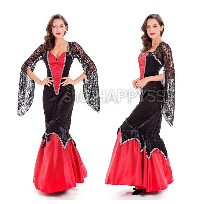 ชุดแม่มด แวมไพร์ แขนกระดิ่งลูกไม้ กระโปรงหางปลาสีแดง