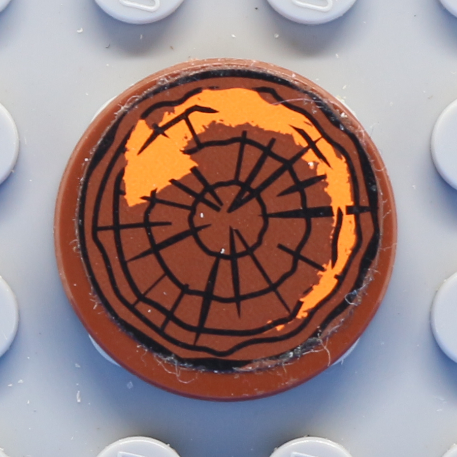 Tile, Round 2 x 2 with Bottom Stud Holder with Tree Trunk, Wood Grain and Circular Orange Painted Arrow Pattern (Sticker) - Set 75903