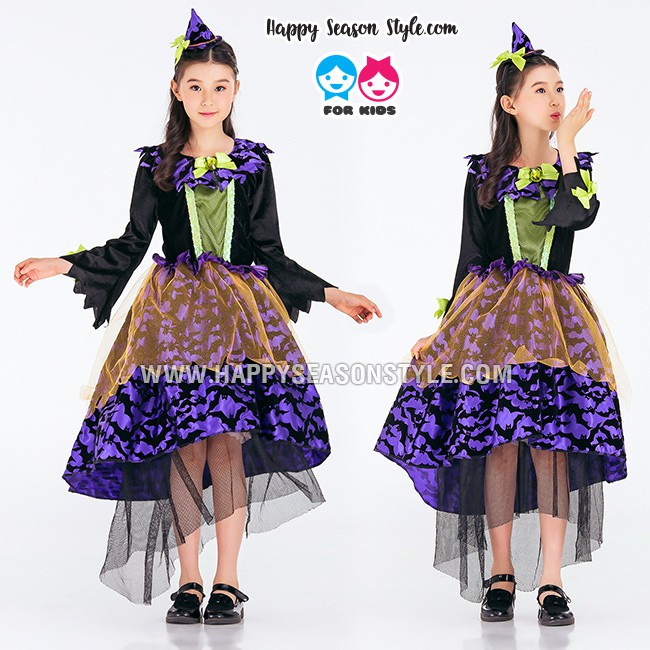 ชุดแฟนซีเด็ก ชุดแม่มดเด็ก ชุดแม่มดสีม่วง หน้าสั้นหลังยาว ลายค้างคาว พร้อมที่คาดผม