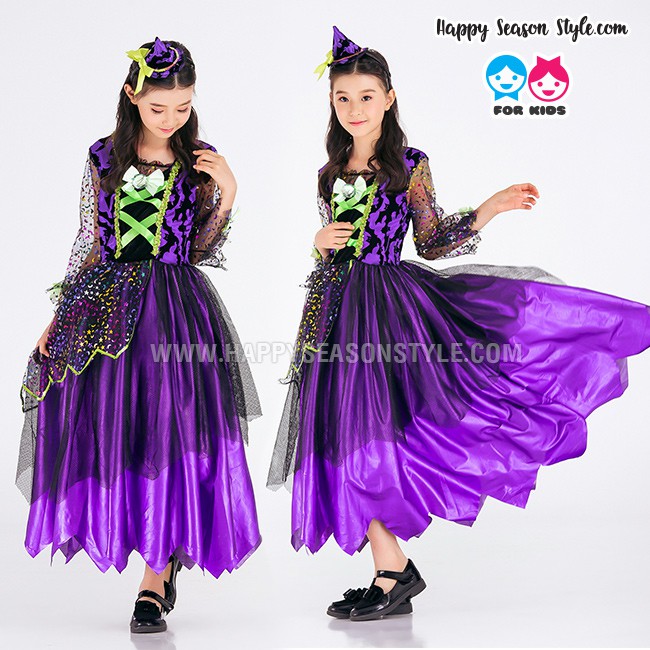 ชุดแฟนซีเด็ก ชุดฮาโลวีน ชุดแม่มด กระโปรงยาว สีม่วง พร้อมแต่งผม หมวกแม่มด