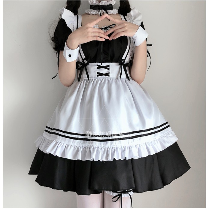 ชุดเมด ชุดคอสเพลย์ MAID ขาวดำ แต่งริบบิ้น 2 ชั้น ไซส์ S-4XL