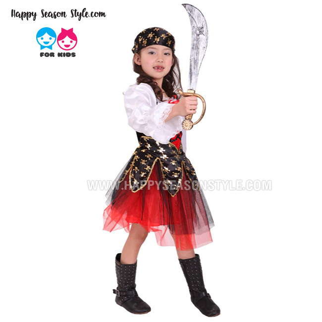 ชุดแฟนซีเด็ก ฮาโลวีน - ชุดโจรสลัดเด็ก เสื้อแขนยาวสีขาว กระโปรงฟูสีแดง แต่งลายหัวกระโหลก