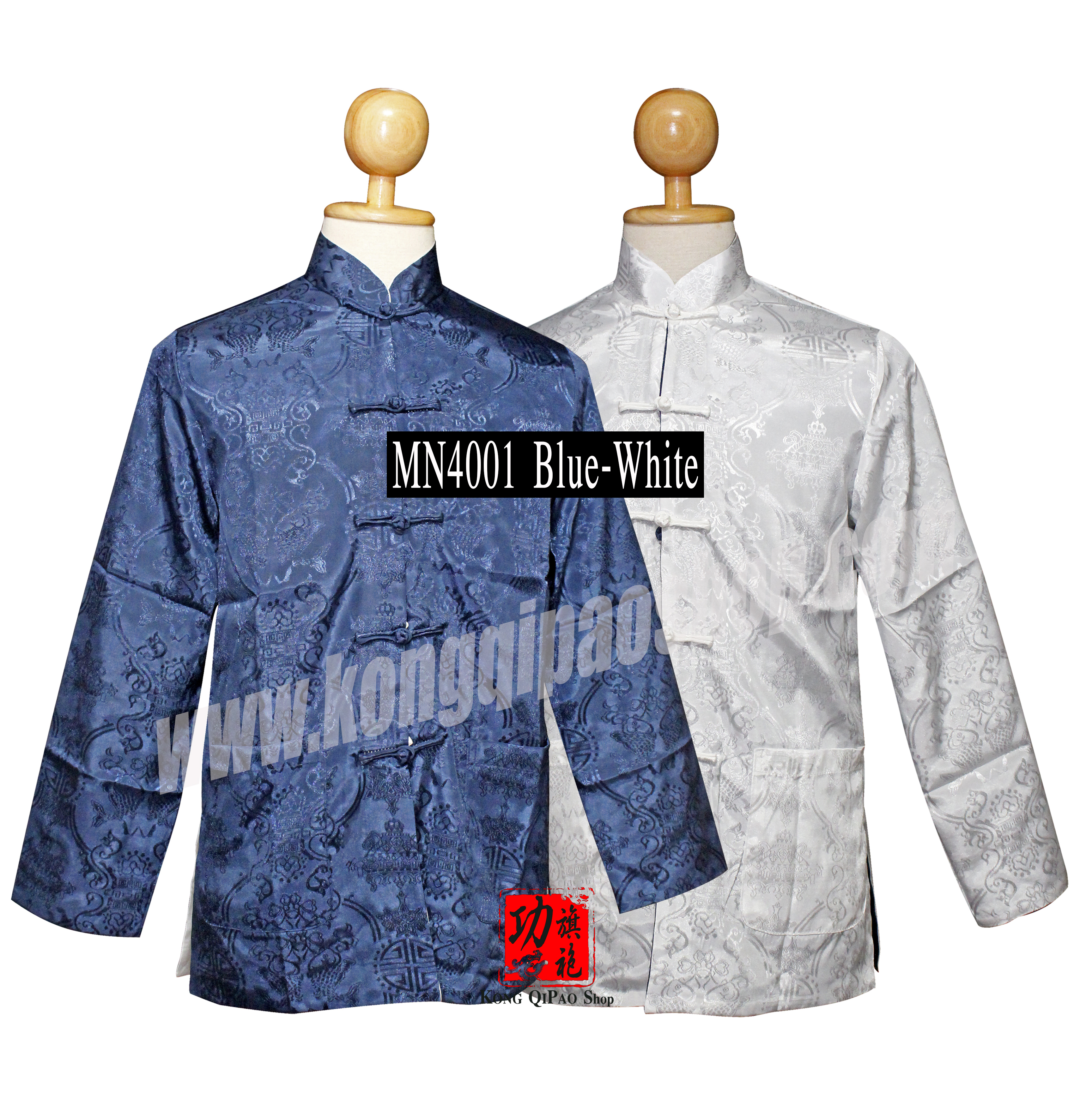 MN4001 เสื้อจีนผู้ชาย แขนยาว ลายปลาหลีฮื้อคู่ (鯉魚) (ใส่ได้ 2 ด้าน)