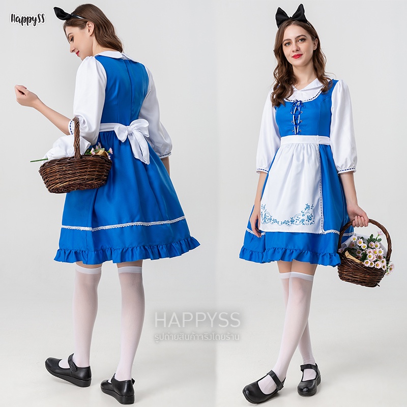 ชุดอลิซ อลิสในแดนมหัศจรรย์ Alice ชุดเมด ยุโรป บาวาเรียน เสื้อสีฟ้าผ้ากันเปื้อนสีขาวสกีนลายลูกไม้ 🏍️ ส่งไวจากไทย