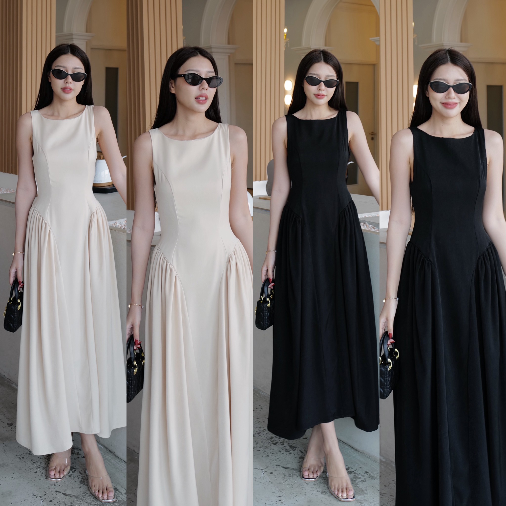 #5240 เดรสยาวคอปาดแขนกุด ด้านหน้าเย็บทรงวีจับจีบด้านข้าง เรียบ ลุคสวยแพง intuon