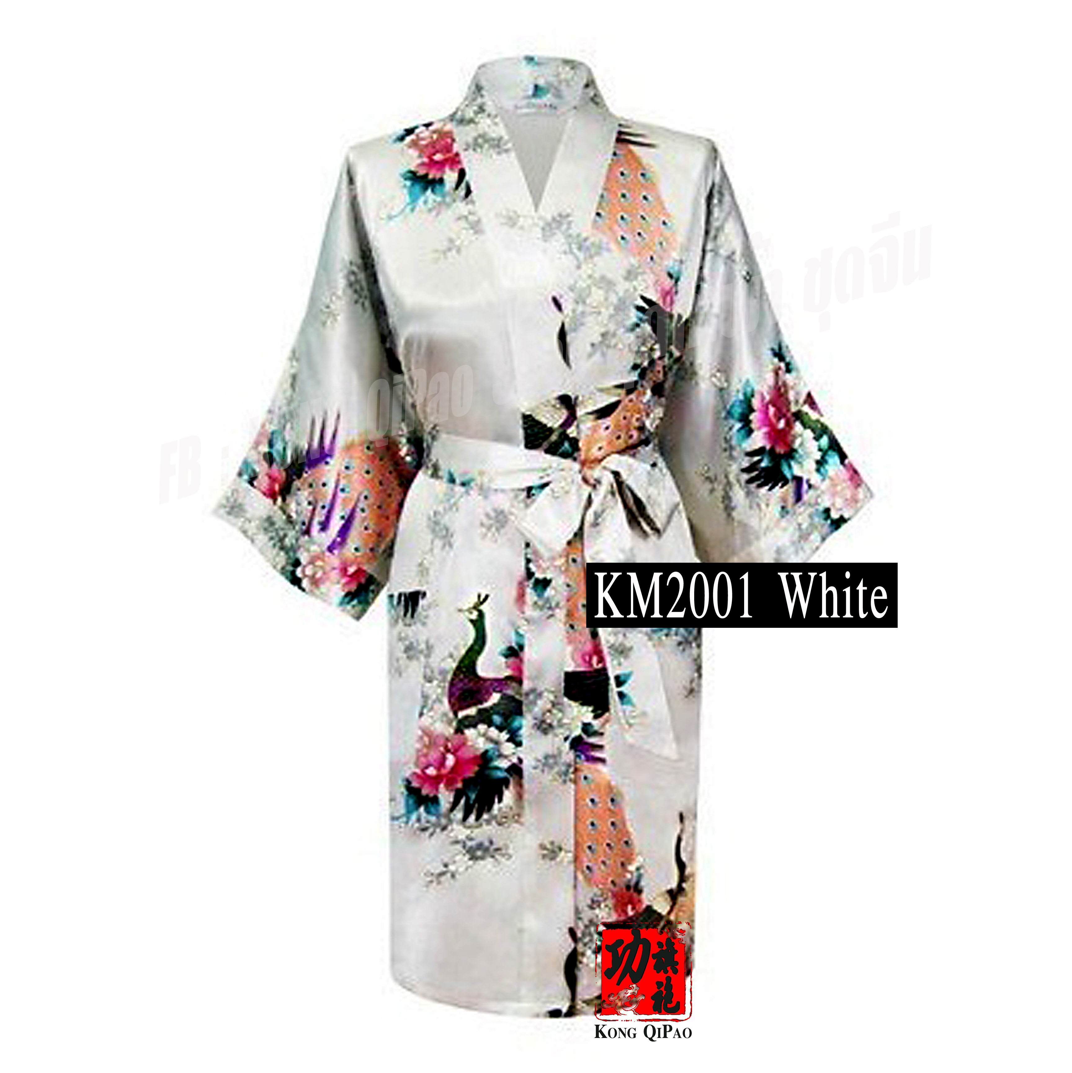 KM2001 ชุดคลุมกิโมโนผู้หญิง ลายนกยูงและดอกโบตั๋น