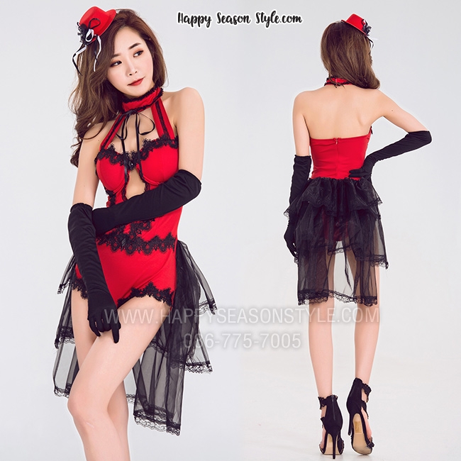 ชุดพีอาร์ พริตตี้ วันพีท สีแดง แต่งลูกไม้ดำ แต่งกระโปรงรูดหางปลาสีดำ