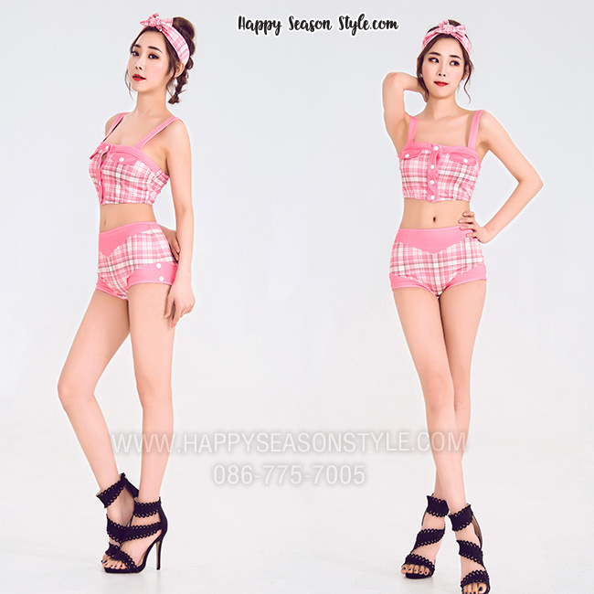 ชุดพีอาร์ พริตตี้ ทูพีช แนววินเทจ เกาหลี สีชมพูลายสก๊อต พร้อมผ้าโพกหัว
