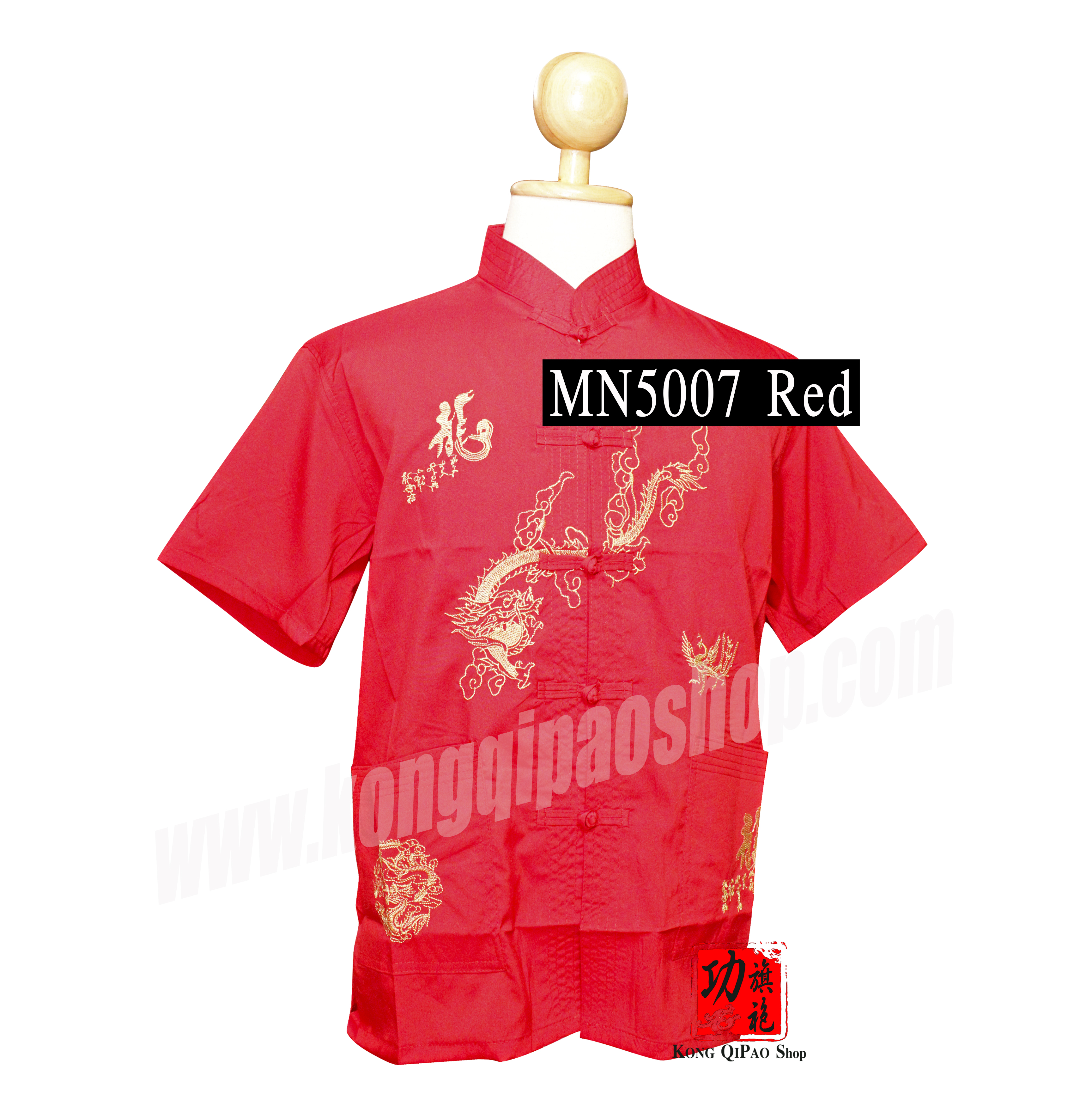 MN5007 เสื้อจีนผู้ชาย แขนสั้น ลายมังกรเดี่ยว (龍)