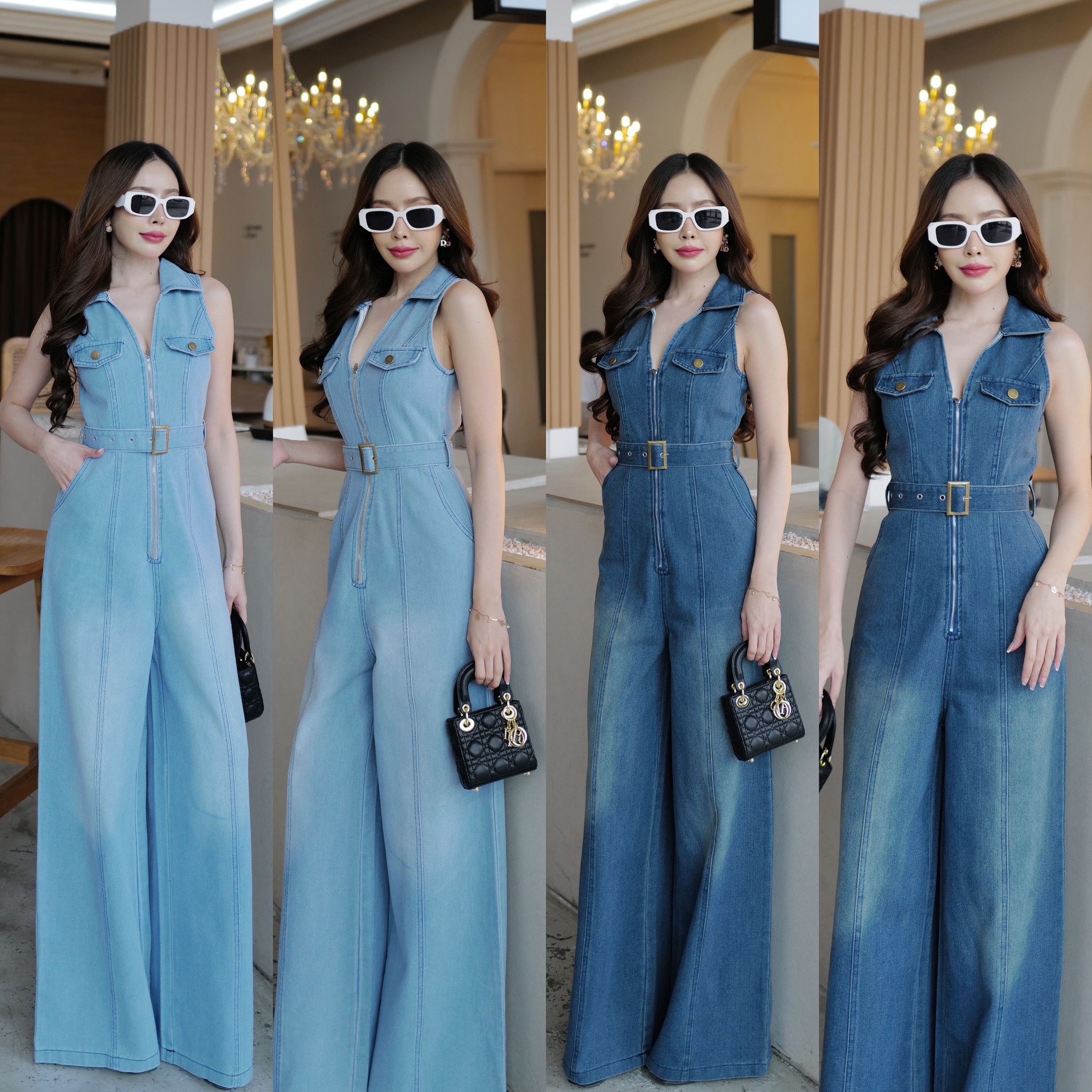 #4776 HILOOK จั้มยีนส์ขายาว+เข็มขัด ชิปหน้าใช้งานได้จริง กระเป๋าข้าง ผ้ายีนส์แท้ ไม่ยืด