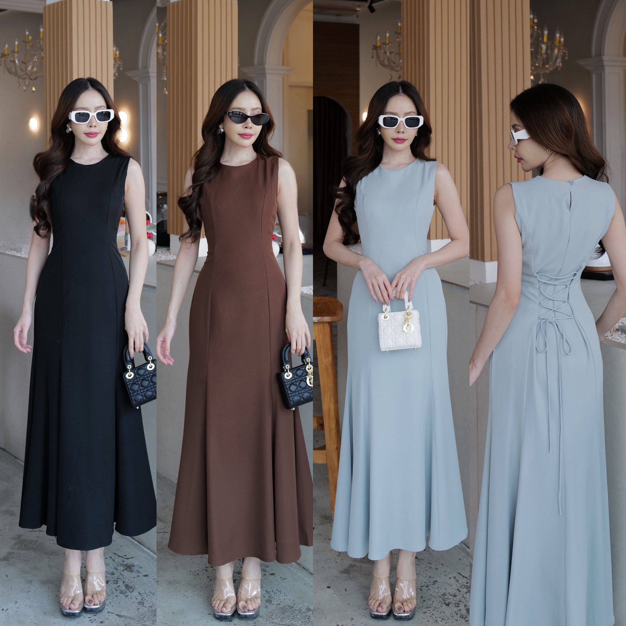 #5118 HILOOK เดรสยาวแขนกุด คอกลม ด้่นหน้าแต่ฃเรียบตีเกล็ด ปลายกระโปรงมีความจับจีบ