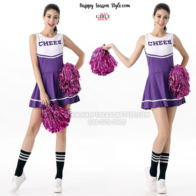 ชุดเชียร์ ชุดเชียร์ลีดเดอร์ เชียร์กีฬา ชุดปอมๆ เชียร์หลีดเดอร์ สีม่วง แซกผ้ายืด สกรีนที่อก Cheer