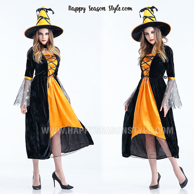 ชุดแม่มดยาว สีดำส้ม มีหมวกแม่มดทรงโค้ง