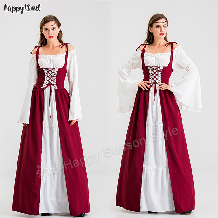 ชุดยุโรป ย้อนยุค แซกคอปาดสีขาวแซกแดง (มี 3 สี แดง, น้ำเงิน, เขียว)