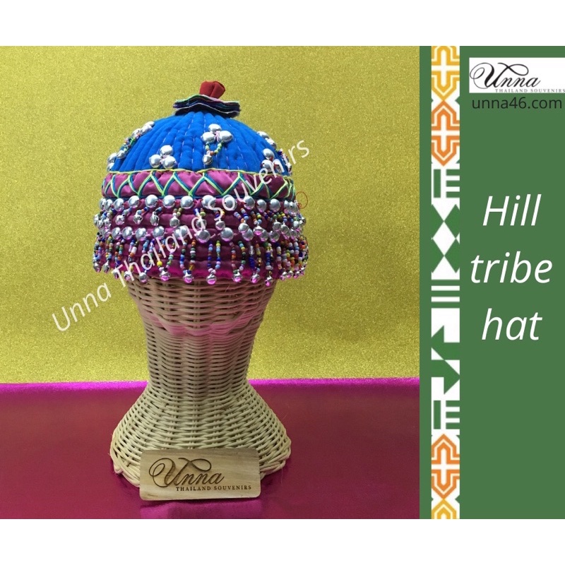 หมวกผ้ากำมะหยี่ หมวกอุ่นหัว สีฟ้าสดใส สไตล์ชนเผ่า งานแฮนด์เมด เย็บมือโดยฝีมือชนเผ่าทางเหนือของไทย