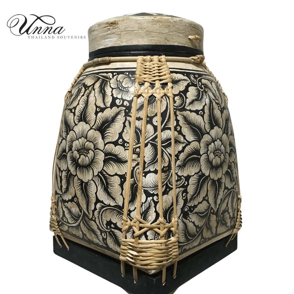 กระติบล้านนา ลายดอกพุดตาน สีขาวดำ 12x12x21“ Full rattan pattern เป็นของฝาก ของตกแต่งบ้าน Decorated bamboo container