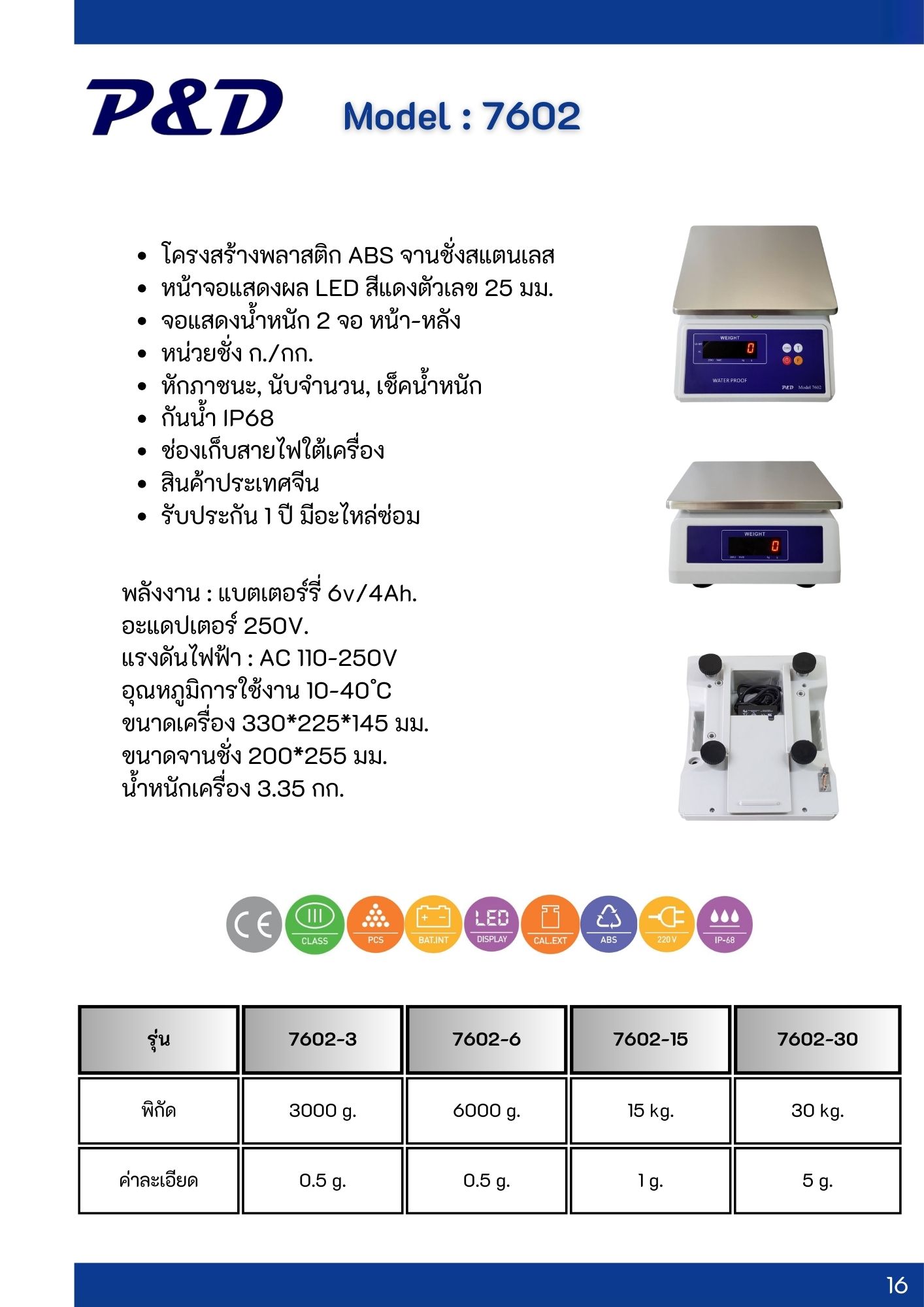 เครื่องชั่งดิจิตอลกันน้ำ 15 kg. ค่าละเอียด 1 g.