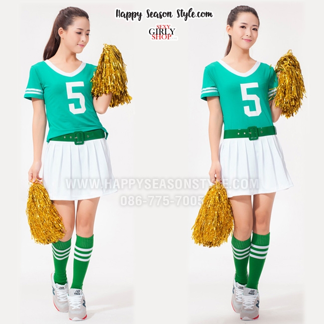 ชุดเชียร์ ชุดกีฬาสี เชียร์ลีดเดอร์ สีเขียวเข้ม กุ๊นขาว กระโปรงขาว พร้อมเข็มขัด