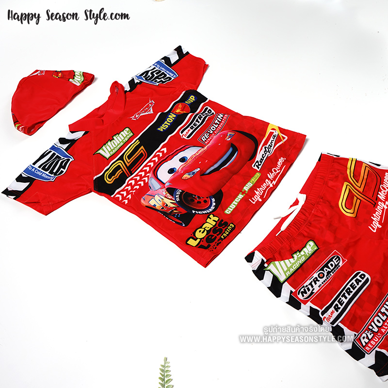 ชุดว่ายน้ำเด็ก สีแดง ลายคาร์ Cars แยกชิ้น แขนสั้น ขาสั้น พร้อมหมวกว่ายน้ำ