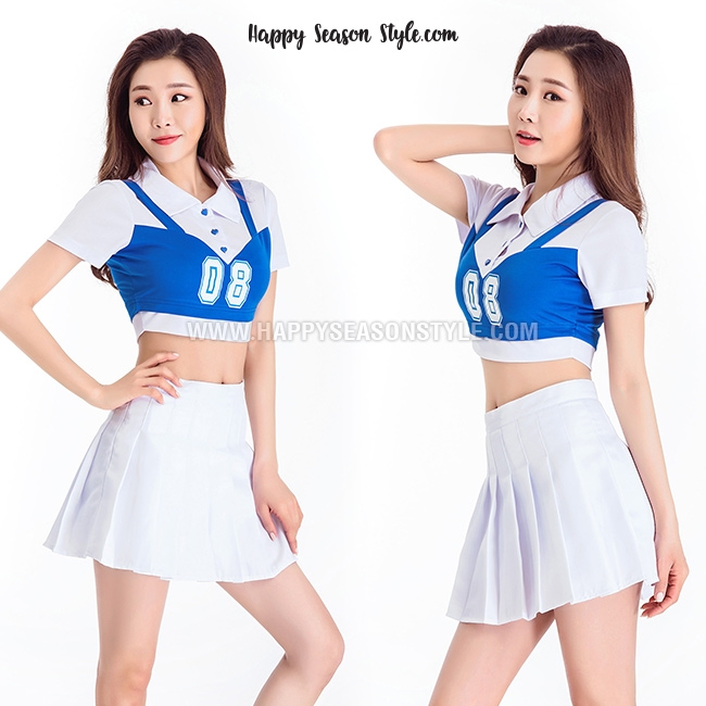 ชุดเชียร์ ชุดเชียร์ลีดเดอร์ ชุดเชียร์กีฬา เสื้อต่อช่วงตัวสีน้ำเงิน กระโปรงขาว แนวเกาหลี วง WJSN เพลง HAPPY MOMENT
