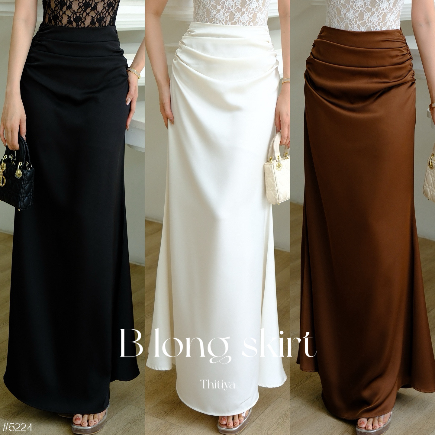 #5224 B long skirt กระโปรงผ้าพรีเมี่ยมซาตินที่ทรงสวยมากกกก เอวสับสะโพกจึ้งมากค่ะ thitiya