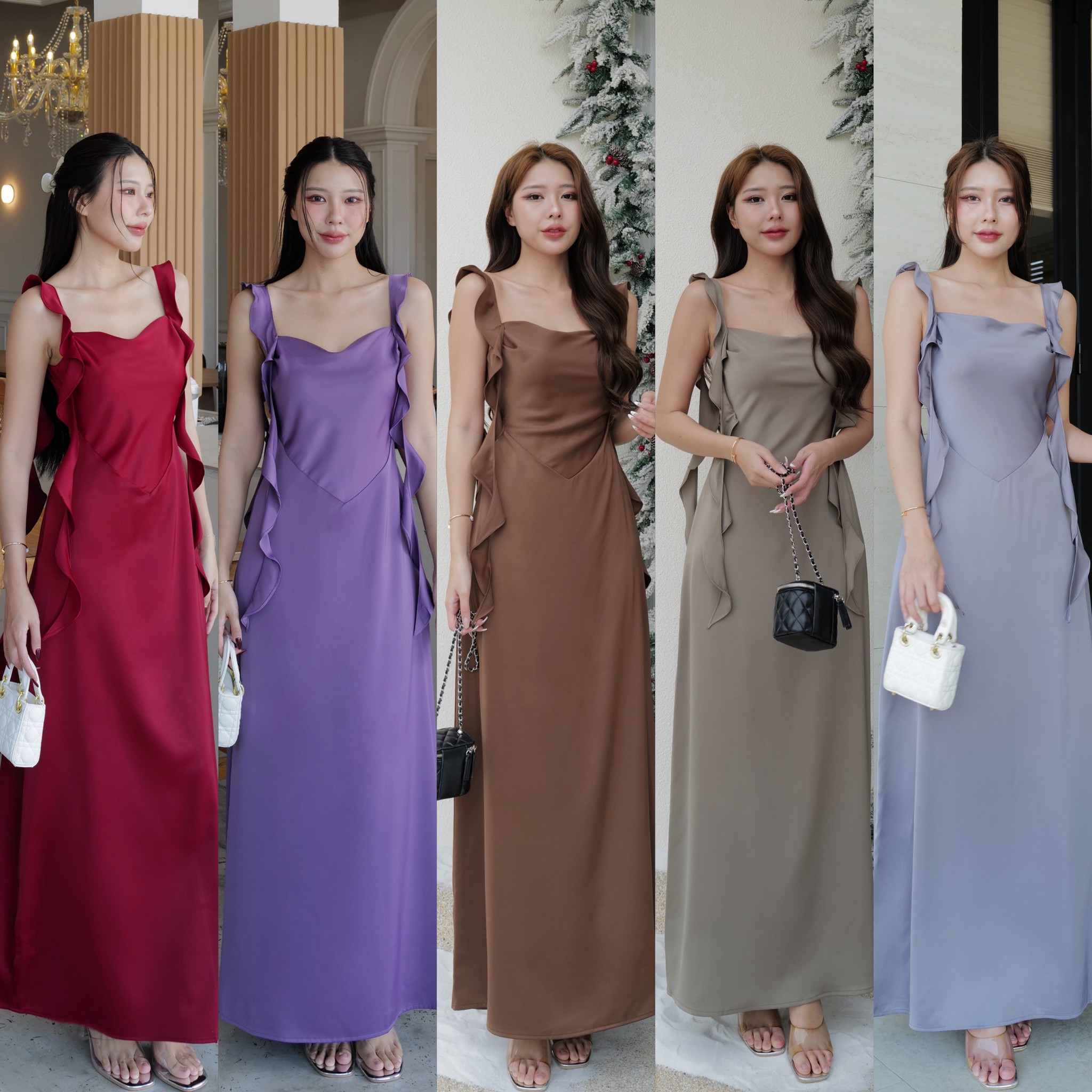 #9758 เดรสยาวผ้าชาตินพรีเมียม แขนและสายแต่งยักมีระบายสาย อกทำคอถ่วงนิดๆ intuon