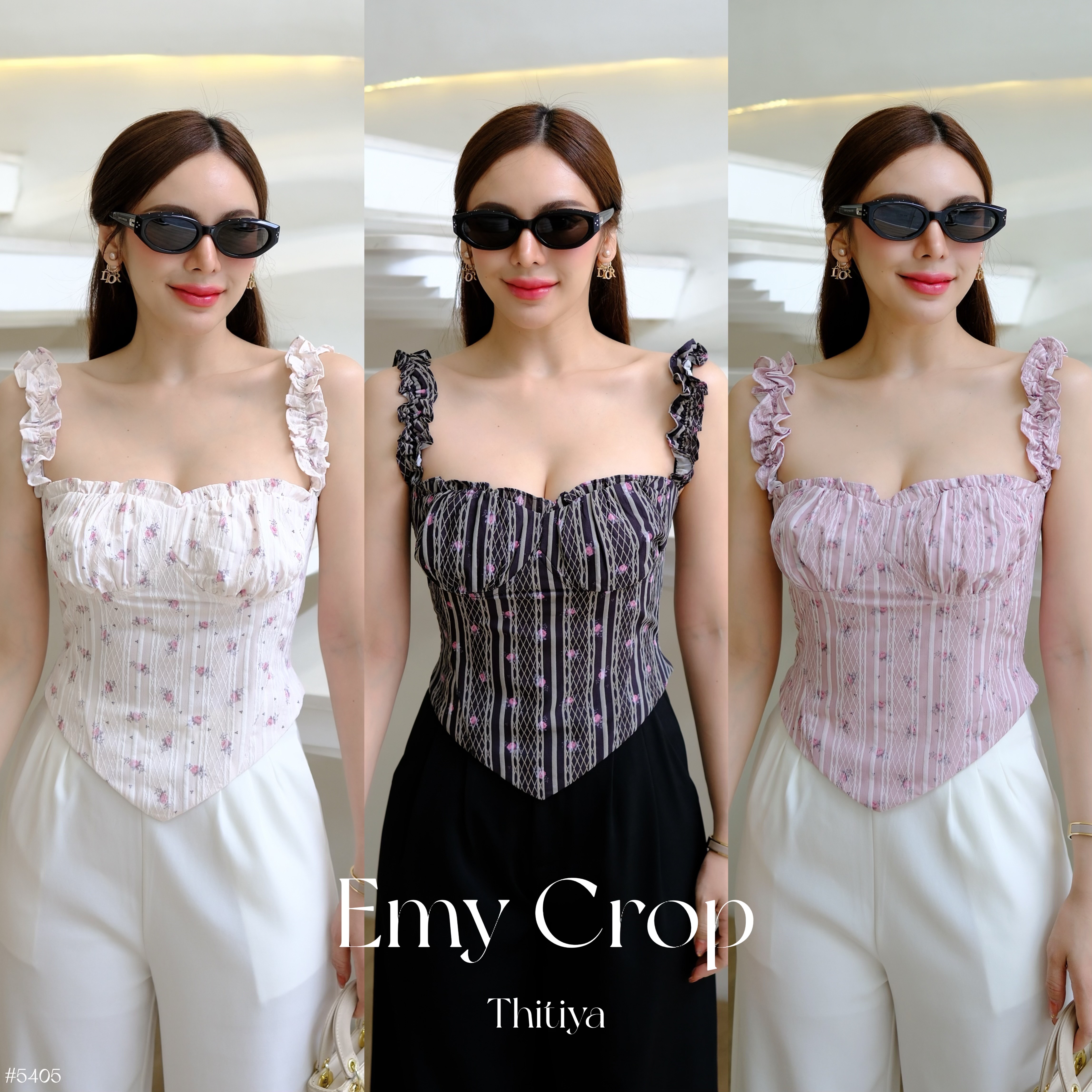 #5405 Emy Crop เสื้อคอปที่สาวๆต้องมีค่า เนื้อผ้าพิมพ์ลายนูนสวย10เต็ม10 ทรงแขนสายเดี่ยวแต่งระบาย thtiiya