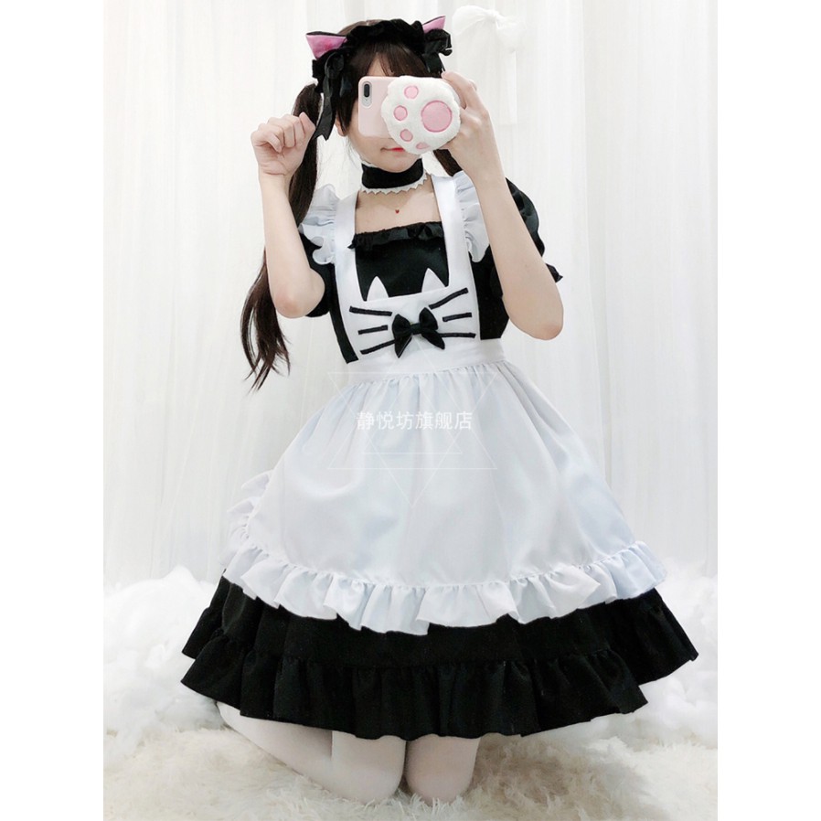 ชุดแม่บ้าน ชุดเมด ชุดเมดแมว ปักหนวดแมวที่อก สีขาวดำ พร้อมที่คาดผม