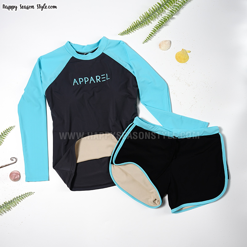 ชุดว่ายน้ำ ทูพีช แยกชิ้น เสื้อแขนยาว กางเกงขาสั้น สีเทาเข้ม-ฟ้า