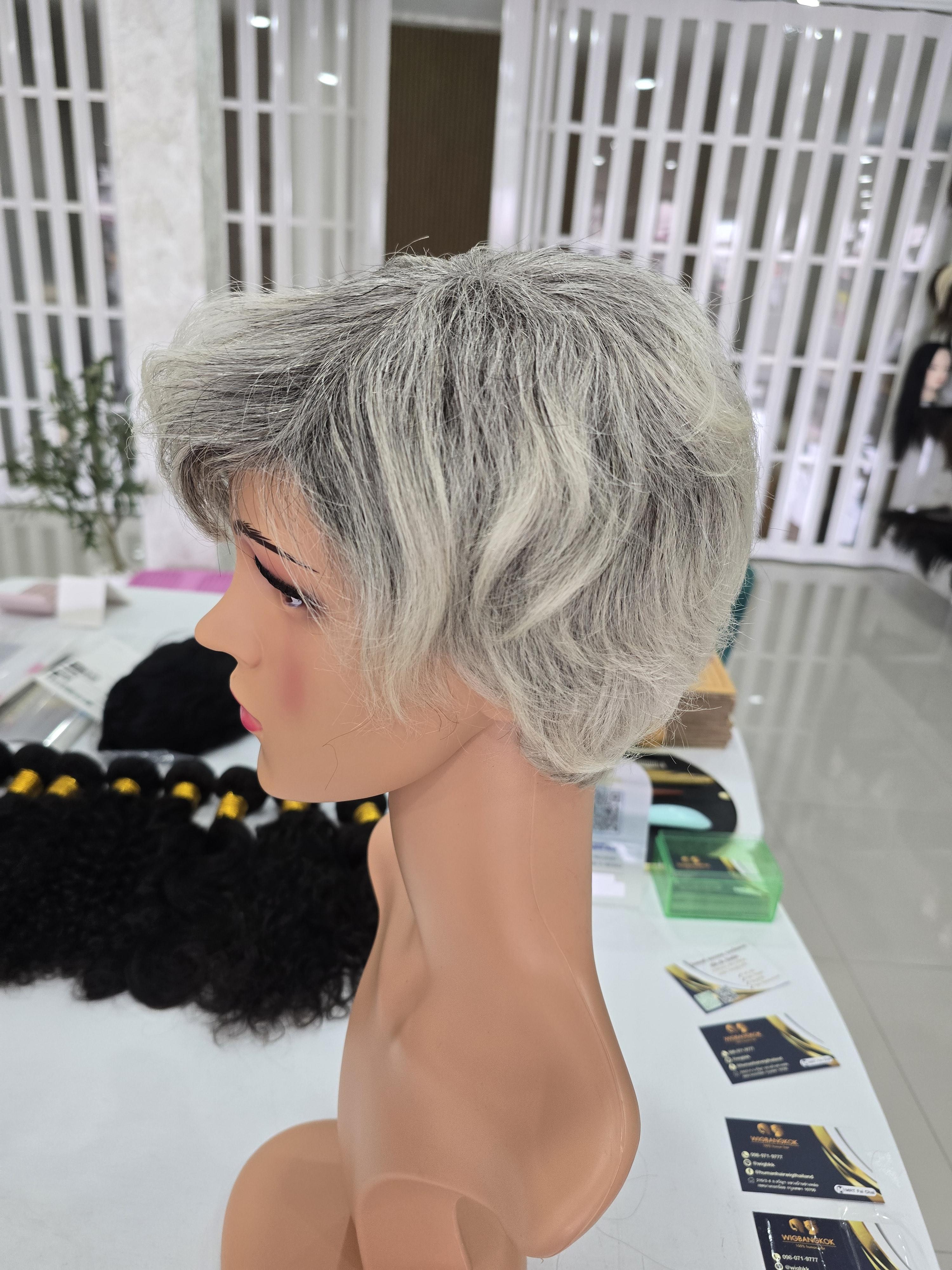 วิกผมหงอกผมขาว ผมแท้100% วิกผู้สูงอายุ คนแก่ ย้อมสีใหม่ได้ Human Hair Grey Wig for Old Women