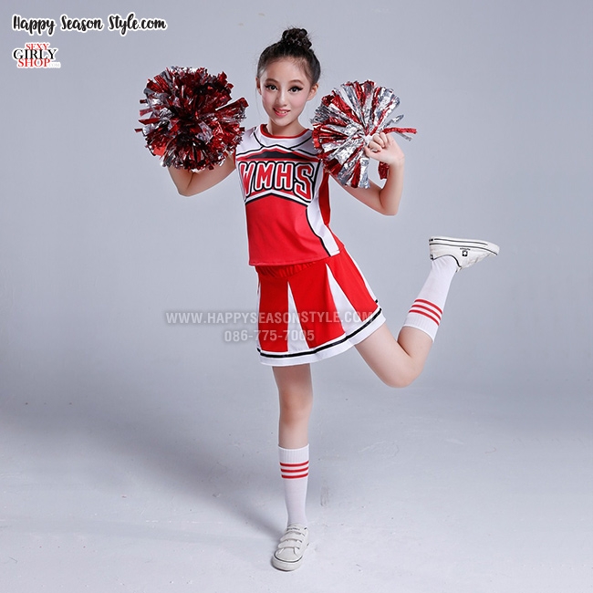 ชุดเชียร์กีฬา เชียร์เด็ก แขนกุด สีแดง สกรีน WMHS กระโปรงแดง แถมถุงเท้า
