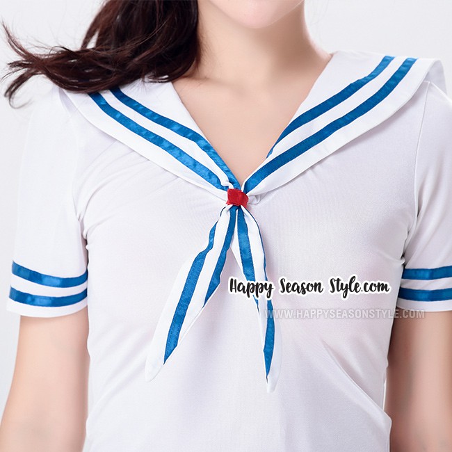 ชุดทหารเรือ ชุดกะลาสี สีขาว กุ๊นสีน้ำเงิน พร้อมหมวก