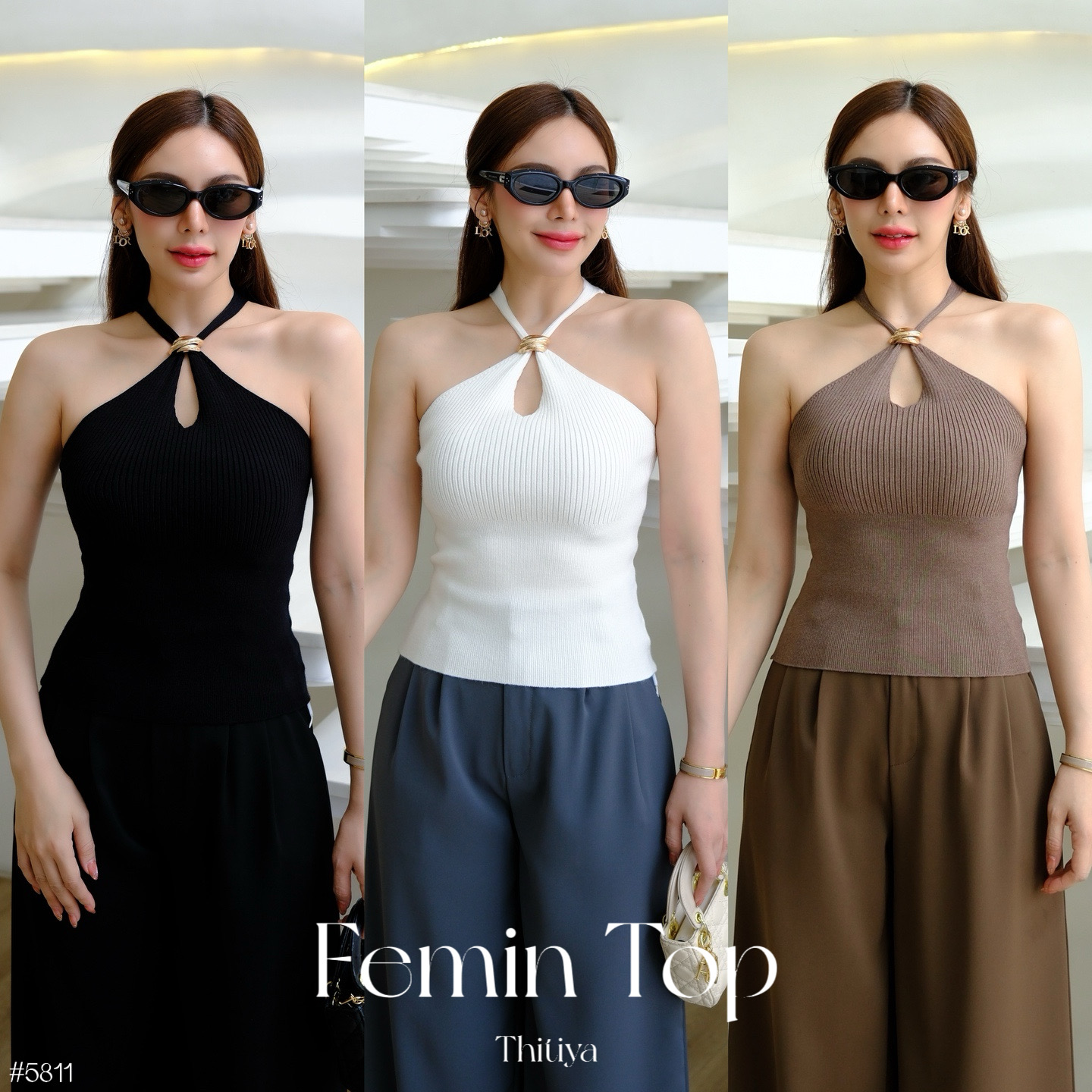 #5811 Femin top เสื้อไหมพรมพรีเมี่ยม เว้าอก ผ้านิ่มทอแน่นเหมือนเดิม มาพร้อมอะไหล่แต่งอก thitiya