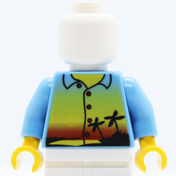 Shirt with Sunset and Palm Trees, Red Buttons and Back Print Pattern / Medium Blue Arms / Yellow Hands