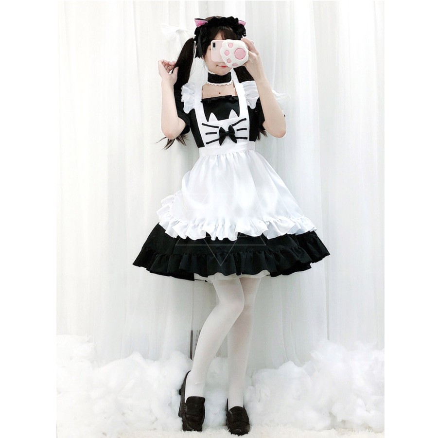 ชุดแม่บ้าน ชุดเมด ชุดเมดแมว ปักหนวดแมวที่อก สีขาวดำ พร้อมที่คาดผม