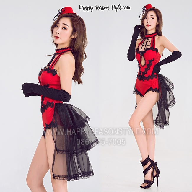ชุดพีอาร์ พริตตี้ วันพีท สีแดง แต่งลูกไม้ดำ แต่งกระโปรงรูดหางปลาสีดำ