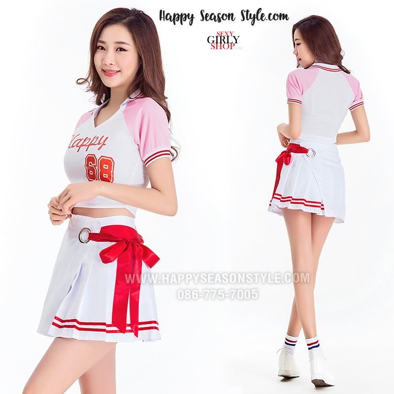 ชุดเชียร์ ชุดเชียร์ลีดเดอร์ ชุดเชียร์กีฬา สีขาวปกโปโล แขนชมพู กระโปรงขาว แนวเกาหลี ใส่ได้ 2 แบบ