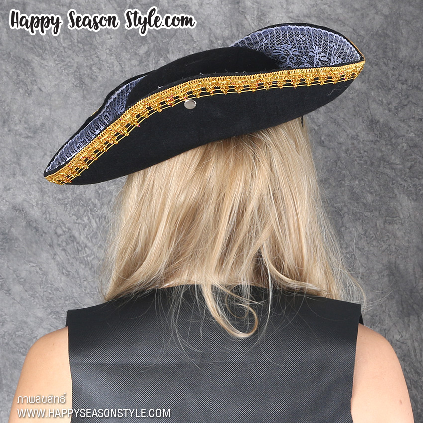 อุปกรณ์แฟนซี hatt - หมวกโจรสลัด ทรงสามเหลี่ยม แต่งดิ้นทอง และรูดระบายลูกไม้