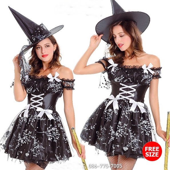 ชุดแม่มด ขาวดำ รูดระบายกระโปรง หมวกทรงสูงแต่งผ้าตาข่าย