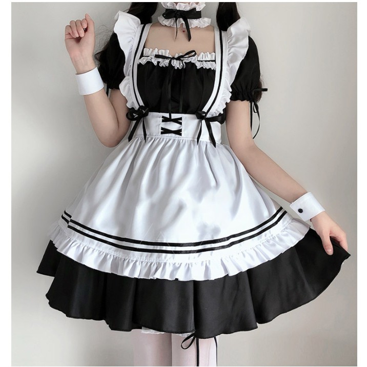 ชุดเมด ชุดคอสเพลย์ MAID ขาวดำ แต่งริบบิ้น 2 ชั้น ไซส์ S-4XL