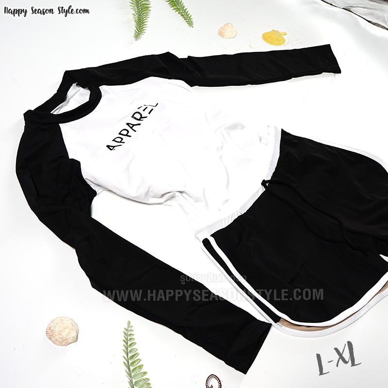 ชุดว่ายน้ำ ทูพีช แยกชิ้น เสื้อแขนยาว กางเกงขาสั้น สีดำ-ขาว