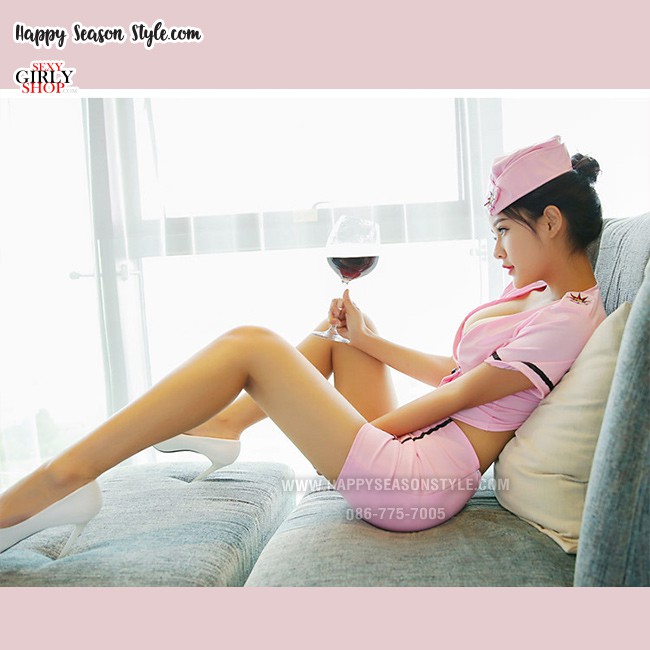 ชุดพนักงาน ชุดแอร์ ชุดยูนิฟอร์ม ชุดพนักงานต้อนรับ ชุดแอร์สีชมพู เอวลอย พร้อมหมวก