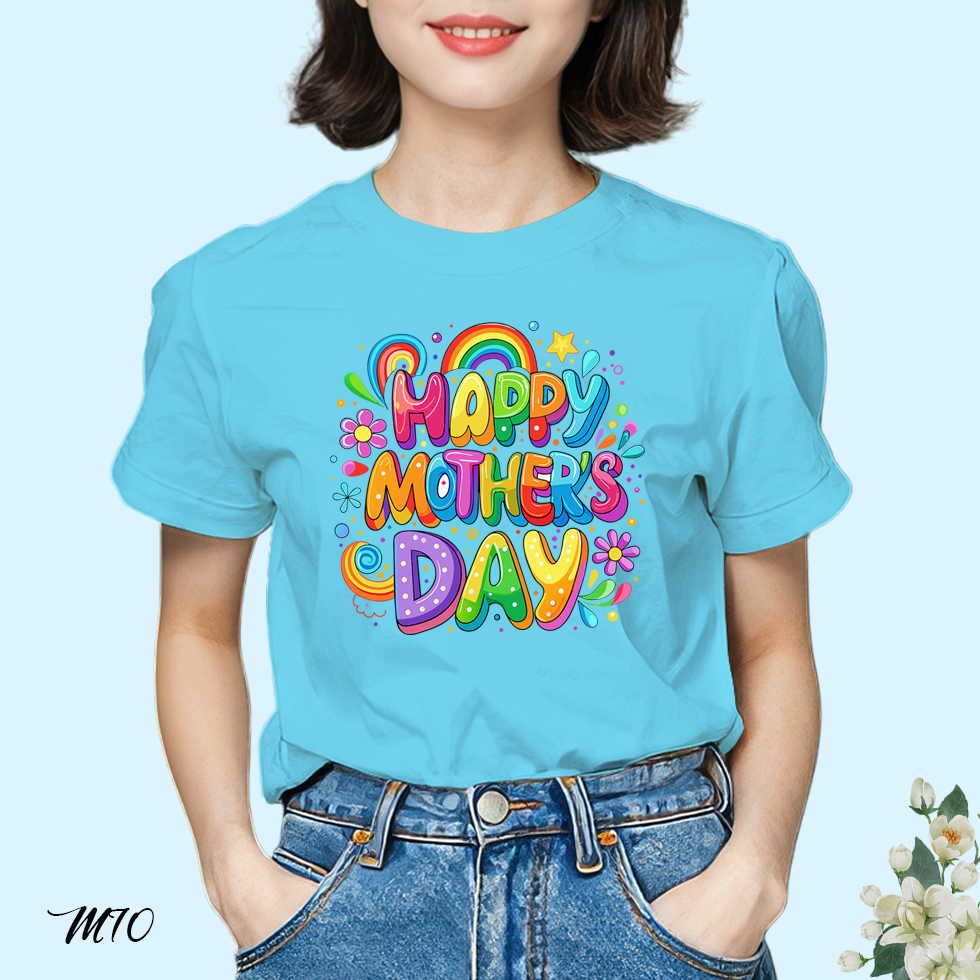 เสื้อยืดสีฟ้าวันแม่ สกรีนลาย Happy Mother's Day M70 โพลีเอสเตอร์ 100% ตรงปก วันแม่ 12 สิงหาคม