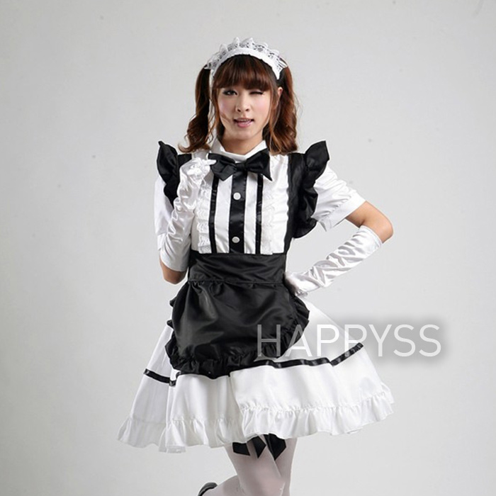 ชุดเมดขาว ผ้ากันเปื้อนไหล่ตั้งสีดำ ส่งไวจากไทย